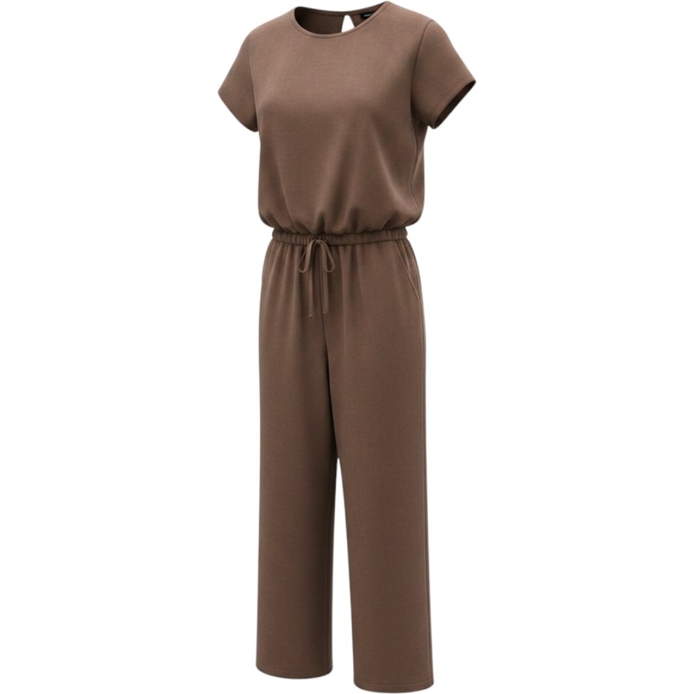 Womens XL‎ Brown Short Sleeve Wide Leg Jumpsuit Elastic Drawstring Waist Pockets